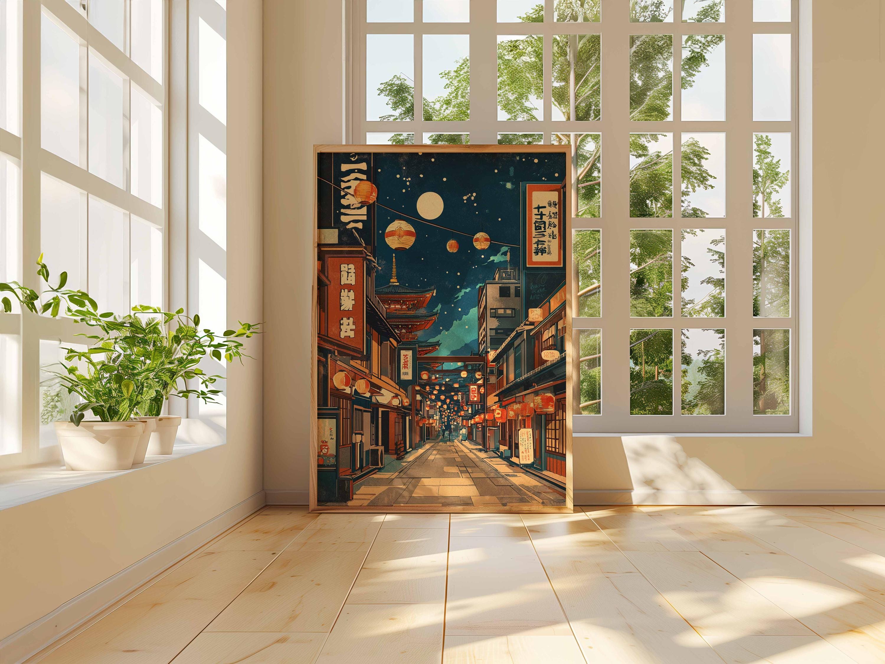 Japanese Lantern Street Poster, Vintage Japan Night Market Wall
