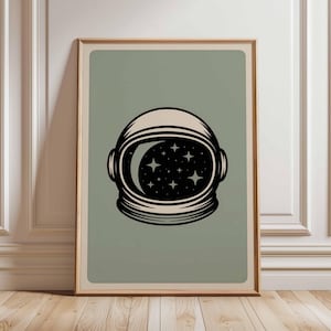 Astronaut Helmet Poster, Retro Space Wall Art Print, Vintage Cosmic Illustration, Mid Century Modern Galaxy Decor, Minimalist Artwork