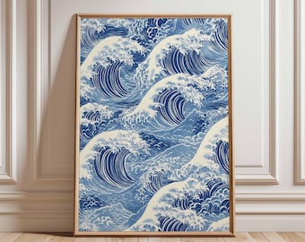 Wave Poster Art, Ocean Print, Japanese Style Waves, Blue Sea Art, Nature Wall Decor, Coastal Print, Water Themed Art, Modern Ocean Poster