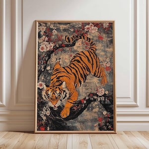 Tiger i blom – Fantastisk tigerkonstverk, natur- och tigerillustration, konst av vildkatt och körsbärsblommor, japanskinspirerat djurtryck bild 1