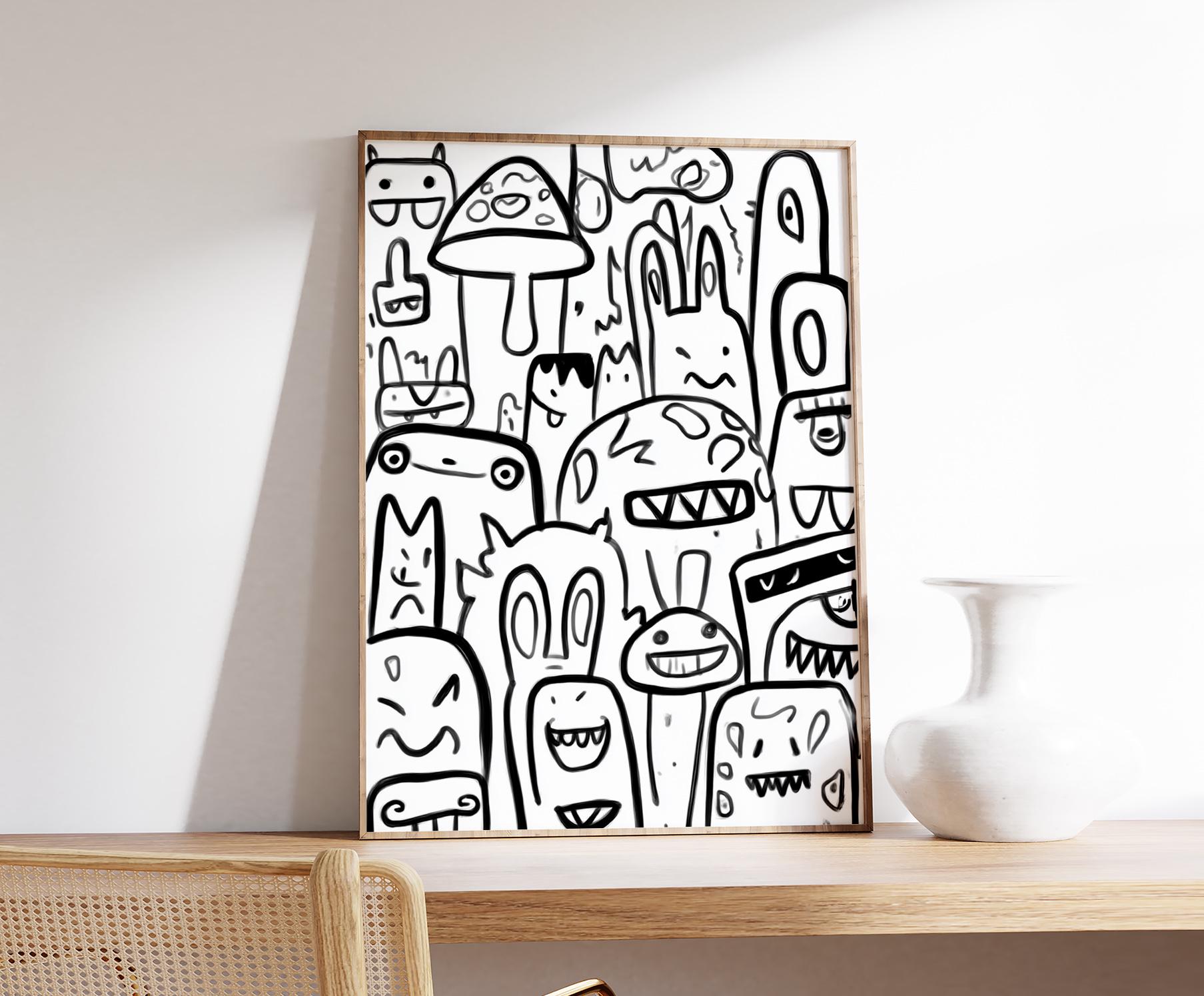 Black and White Doodle Art Print, Cartoon Monster Wall Art, Modern