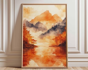 Póster de paisaje de montaña otoñal, impresión artística de acuarela naranja, decoración de pared natural, arte de montaña brumosa, decoración del hogar otoñal