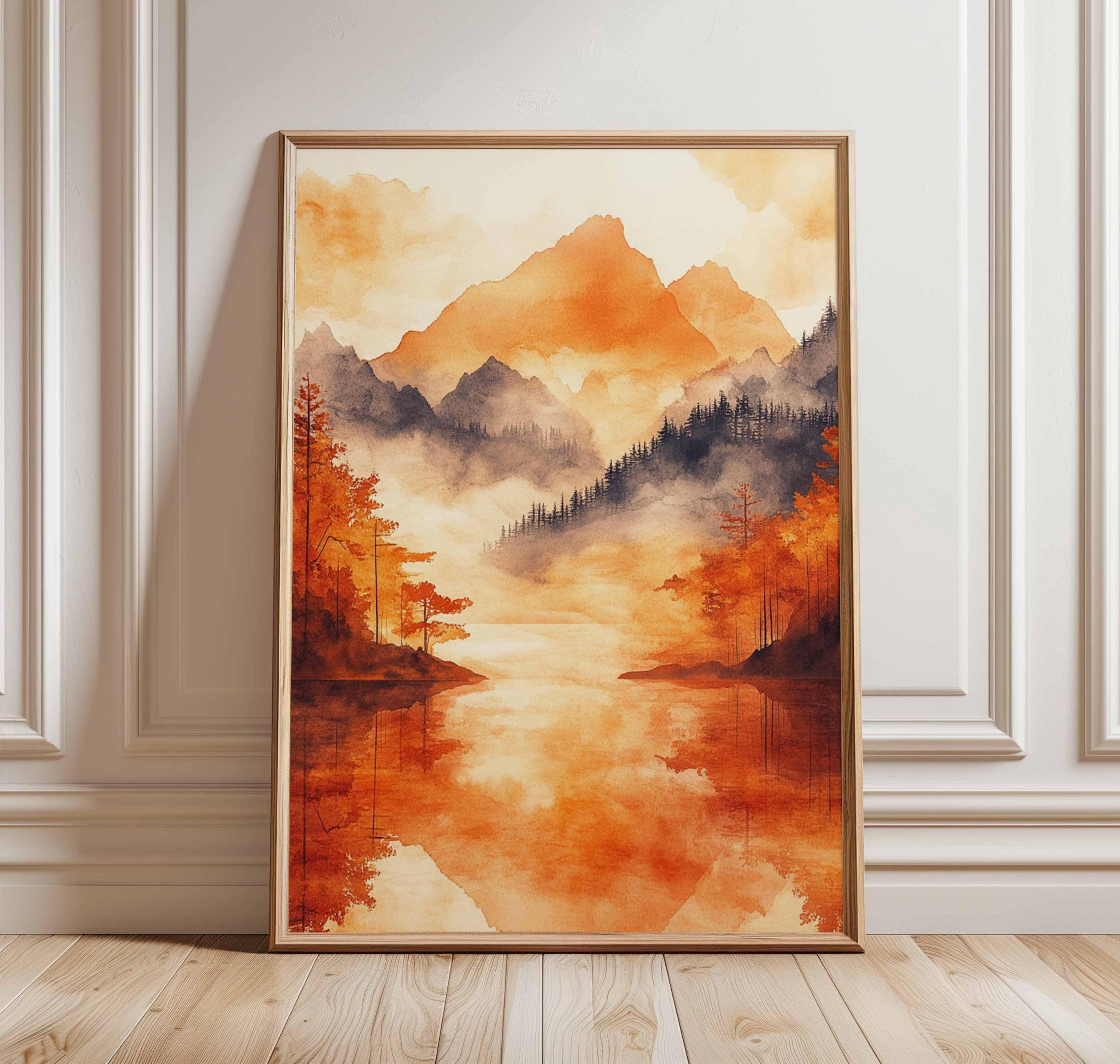 Autumn Mountain Landscape Poster, Orange Watercolor Art Print