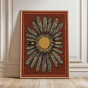Feather Sunburst Poster, rustic boho sun wall art print in folk illustration style