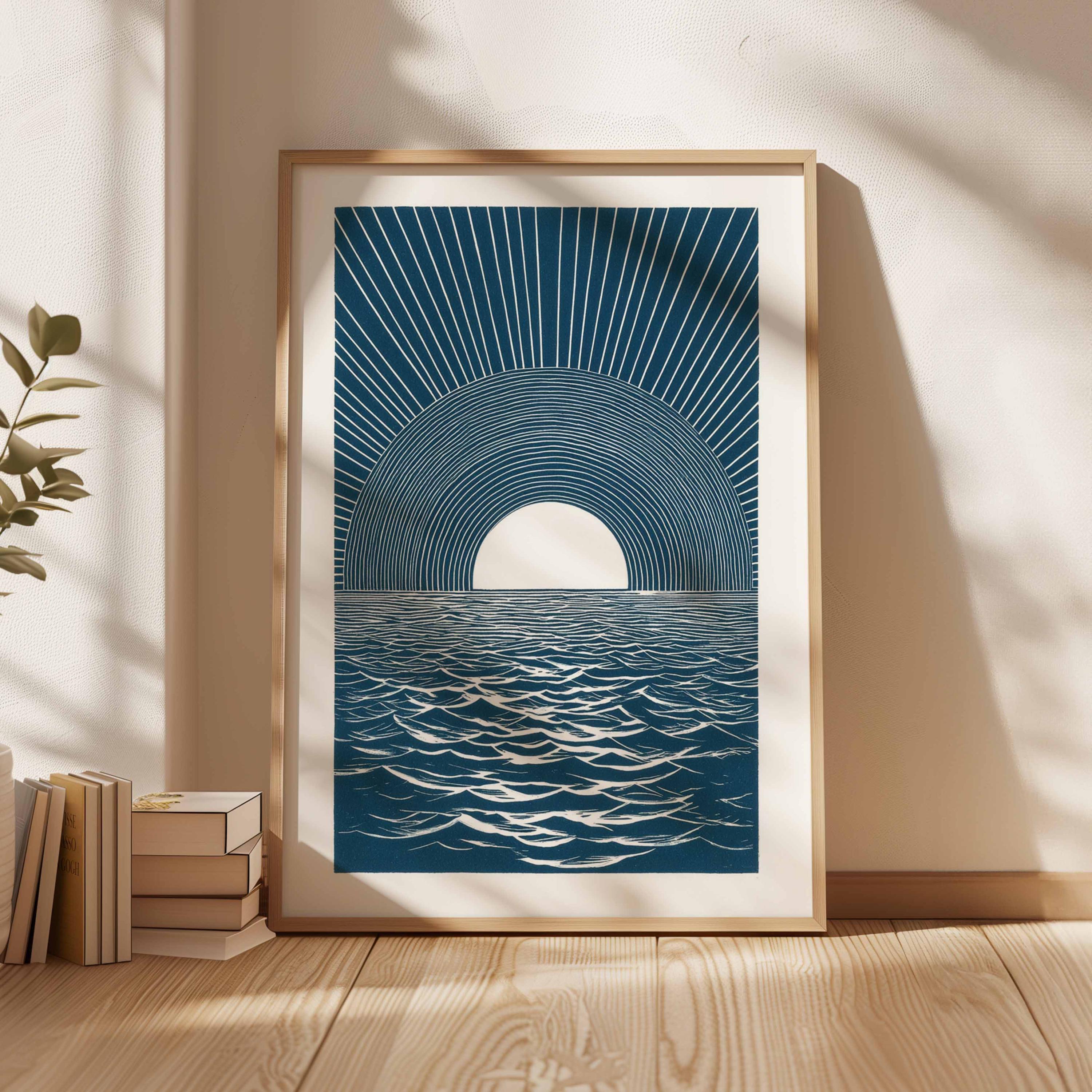 Ocean Sunrise Wall Art, Modern Minimalist Blue Sea Print