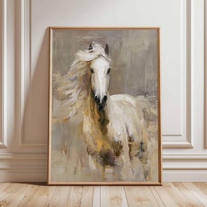White Horse Wall Art Print, Abstract Equestrian Painting Poster, Neutral Animal Decor for Living Room or Bedroom, Wild Stallion Artwork