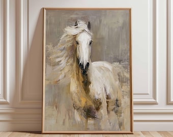 White Horse Wall Art Print, Abstract Equestrian Painting Poster, Neutral Animal Decor for Living Room or Bedroom, Wild Stallion Artwork