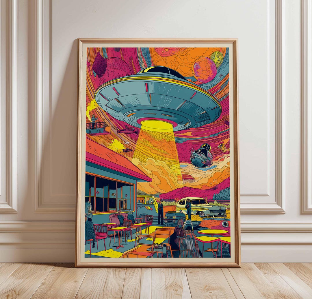 UFO Abduction Pop Art Poster – Neon Sci-fi Diner Scene, Vibrant Retro ...