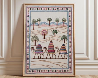 Wüsten Wohnwagen Poster, Kamel Folk Art Wanddruck, Boho Textildekor