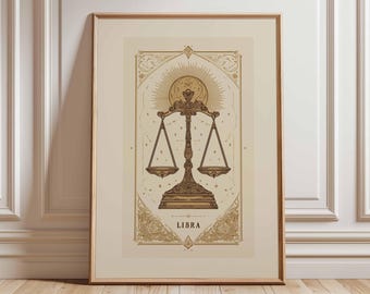 Libra Zodiac Wall Art, Astrology Balance Scales Print, Celestial Horoscope Poster, Mystic Libra Home Decor Gift for Astrology Lovers