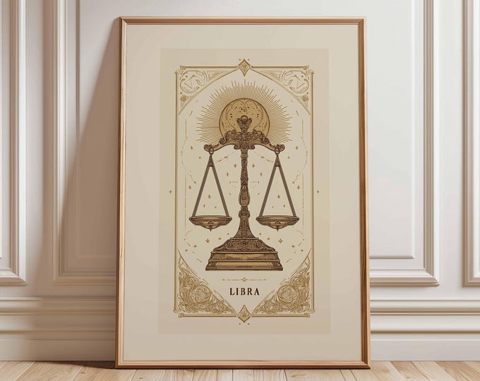 Libra Zodiac Wall Art, Astrology Balance Scales Print, Celestial Horoscope Poster, Mystic Libra Home Decor Gift for Astrology Lovers
