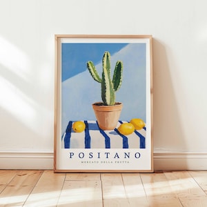 Positano Kaktus und Zitrone Poster, Mediterrane Küche Wandkunst, Italienischer Markt Druck, Blauer Streifen Stillleben, Ungerahmtes Dekor