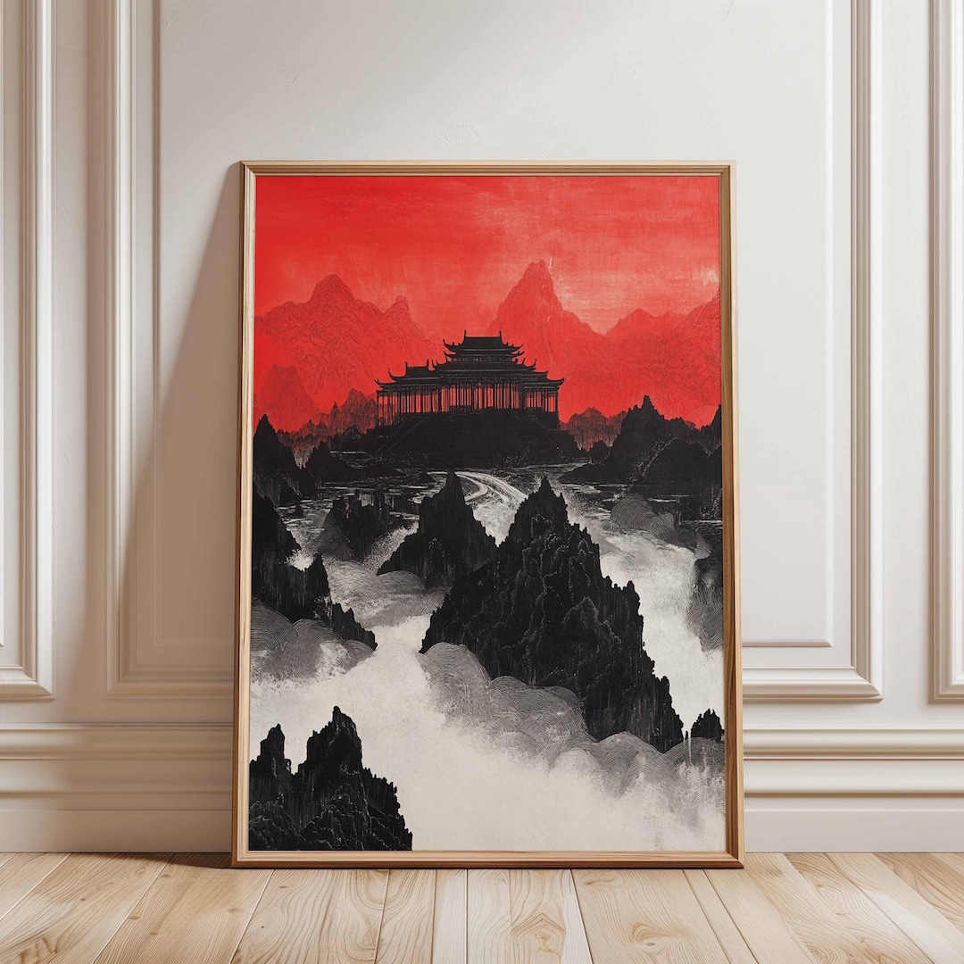 Red and Black Japanese Temple Wall Art, Dramatic Mountain Mist