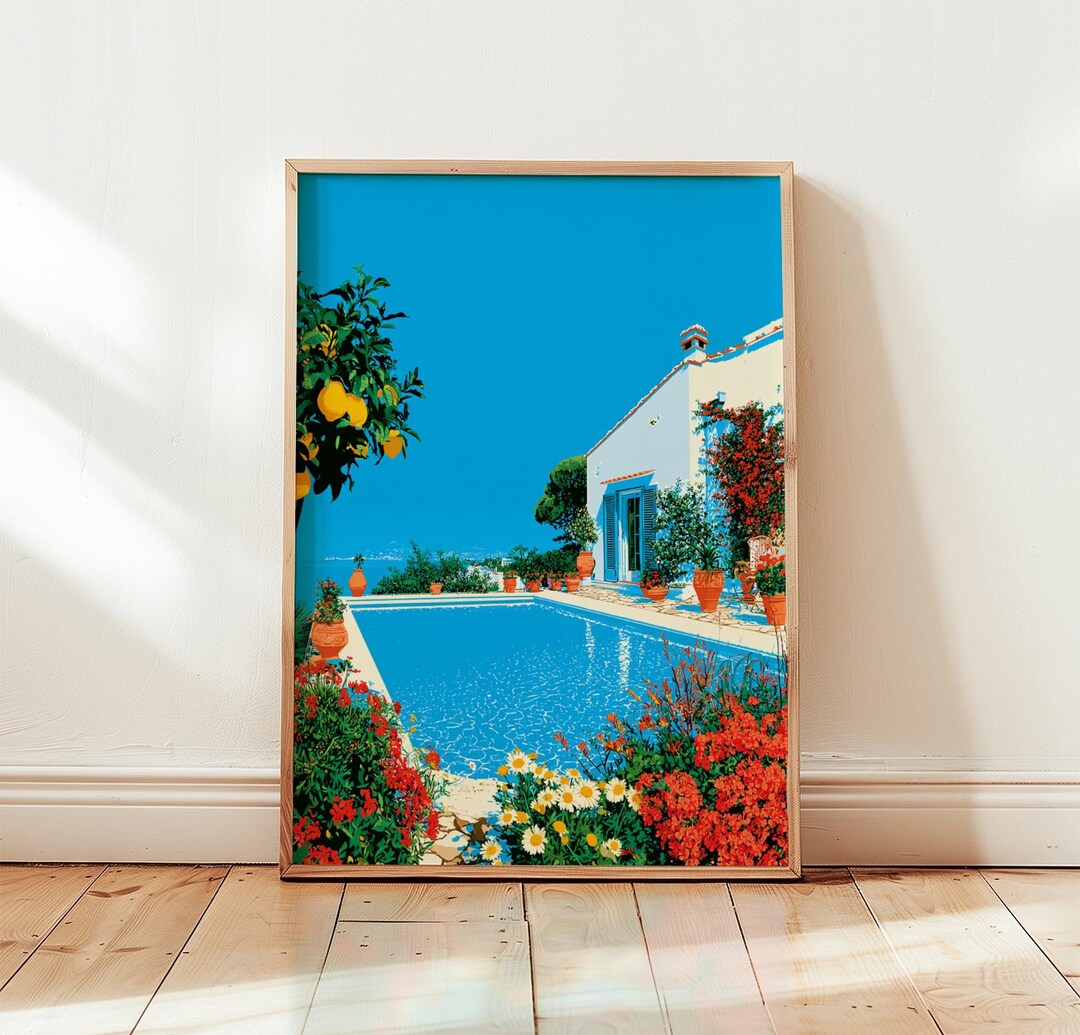 Italian Coastal Villa Poster, Mediterranean Pool Wall Art, Travel Print ...