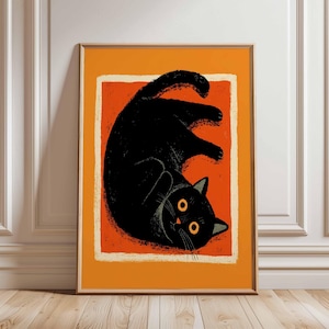 Black Cat Poster, Retro Cat Wall Art, Orange Cat Print, Mid Century Modern Cat Decor, Halloween Cat Illustration, Cute Cat Art Print