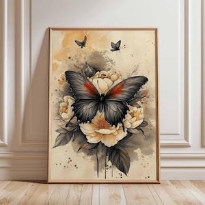 Dark Butterfly and Blossoms Print , Floral Butterfly Poster, Butterflies on  Peony Flowers Print –  Botanical Print, Floral Wall Art