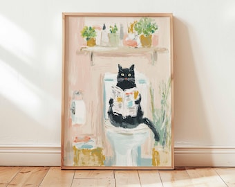 Art mural drôle de salle de bain avec un chat noir, affiche de chat originale, impression de toilettes humoristiques, cadeau mignon pour amoureux des chats, décoration d'intérieur chat espiègle