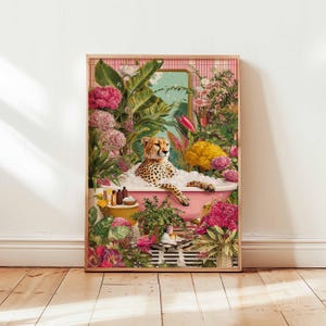 Cheetah in Bathtub Wall Art, Whimsical Jungle Bathroom Poster, Tropical Animal Print, Colorful Floral Home Decor, Maximalist Art Unframed