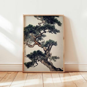 Arte giapponese con pini, stampa di alberi con inchiostro, decorazione da parete con natura zen, poster di paesaggi asiatici, arte da parete con alberi in stile antico