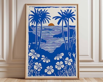 Tropical Sunset Palm Tree Poster, Coastal Wall Art Print, Ocean Beach Landscape with Flowers Blue and Orange Summer Home Decor