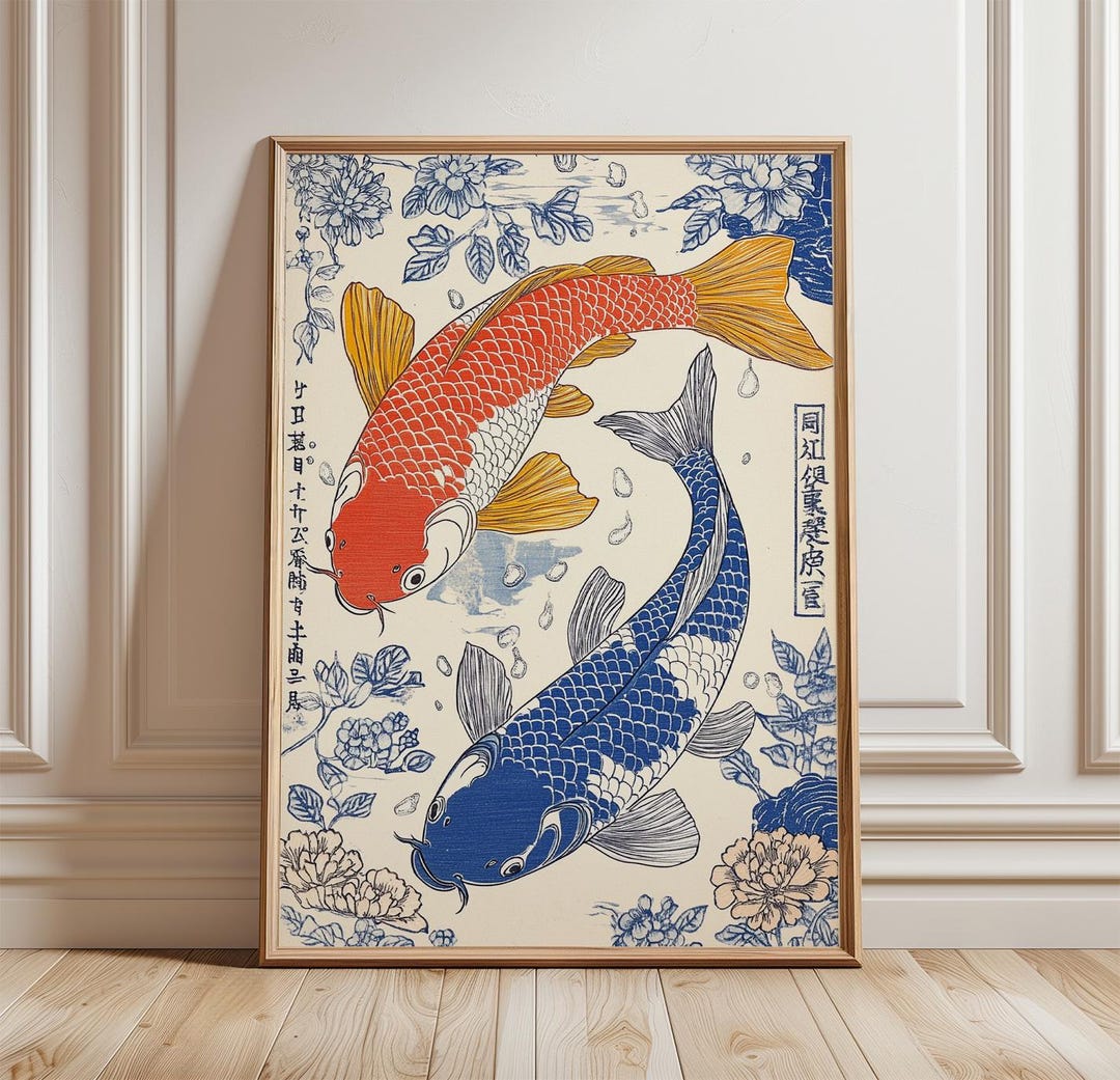 Koi Fish Poster | Japanese Wall Art | Vintage Asian Print | Red Blue ...