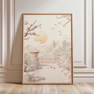 Chinese Landscape Poster, Minimalist Asian Art, Traditional Ink and Watercolor, Tranquil Mountain and Lake Poster, Zen Wall Art