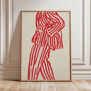 Fashion Line Art Poster – Bold Red Striped Suit Abstract Wall Print, Modern Minimalist Illustration Style Artwork for Living Room or Studio