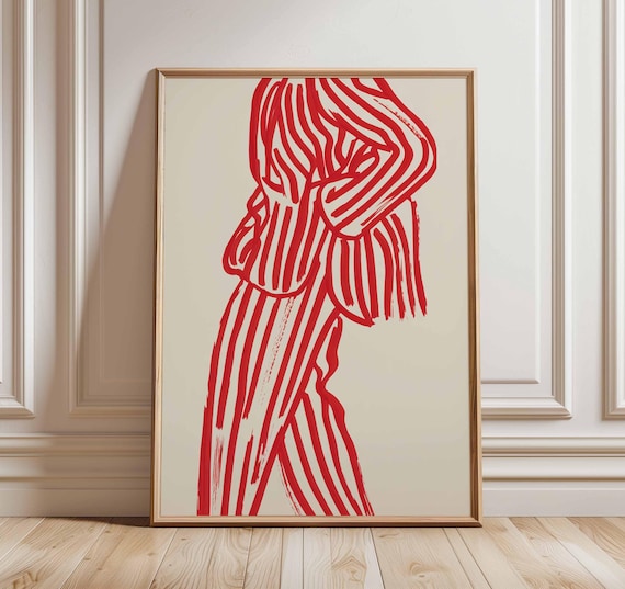 Fashion Line Art Poster – Bold Red Striped Suit Abstract Wall Print, Modern Minimalist Illustration Style Artwork for Living Room or Studio