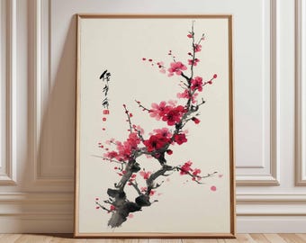 Pôster de flor de cerejeira em tinta japonesa para parede – Impressão minimalista de flor de sakura para decoração zen, natural e asiática sem moldura