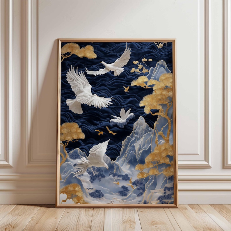 Japanese Crane Poster Navy Blue Gold Wall Art Oriental Bird Print ...