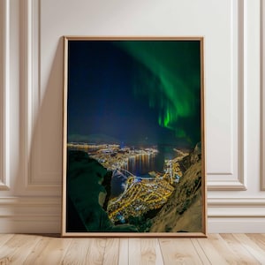 Northern Lights Poster – Stunning Arctic View of Aurora Borealis Over a Mountain Town, Nature Photography Art Print, Landscape Wall Decor