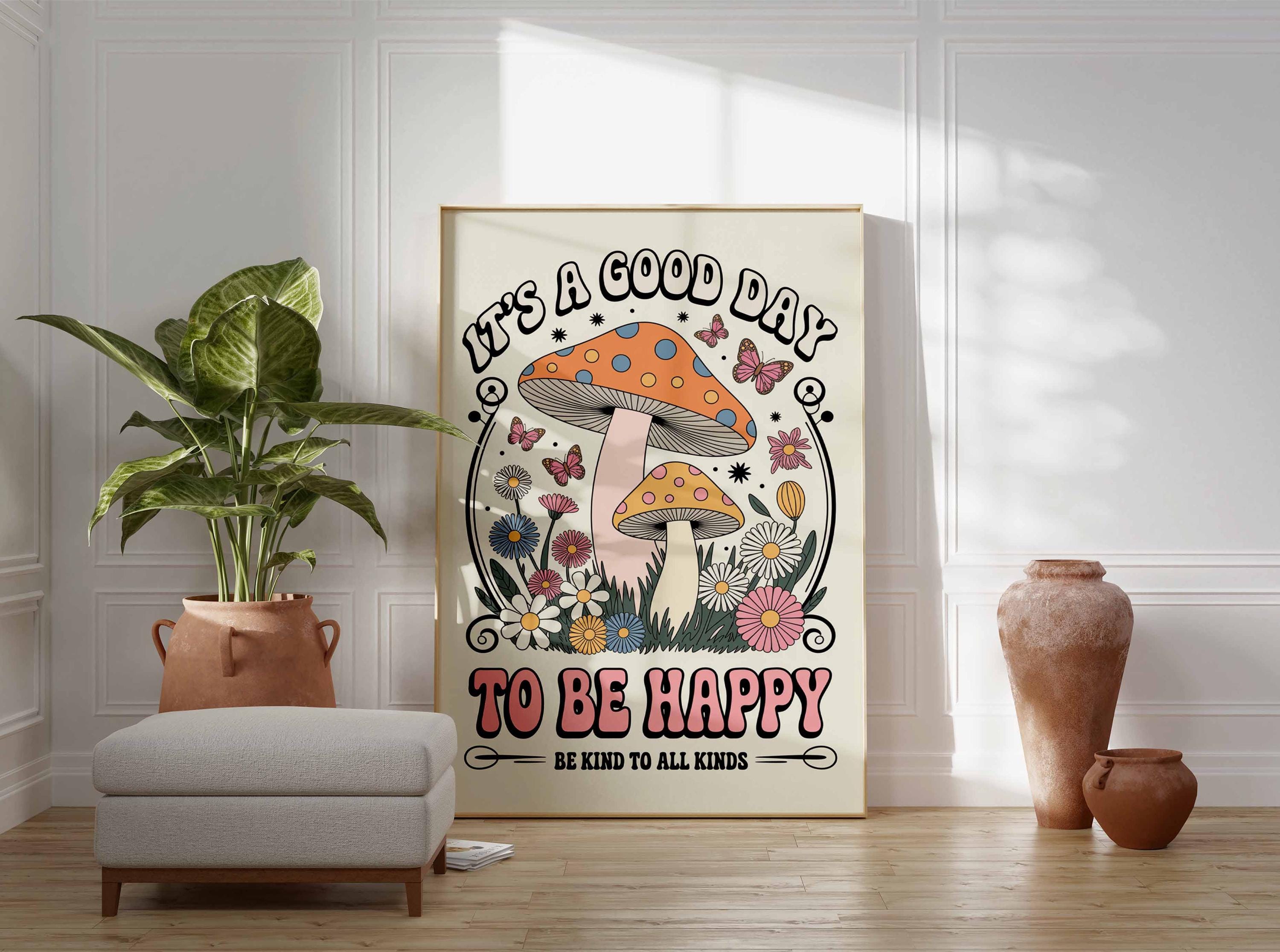 Mushroom Poster, Retro Psychedelic Wall Art, Vintage Boho Print