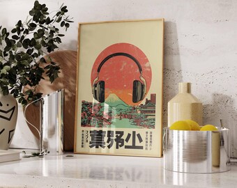 Retro Japanese Music Art Print, Headphones Mount Fuji Poster