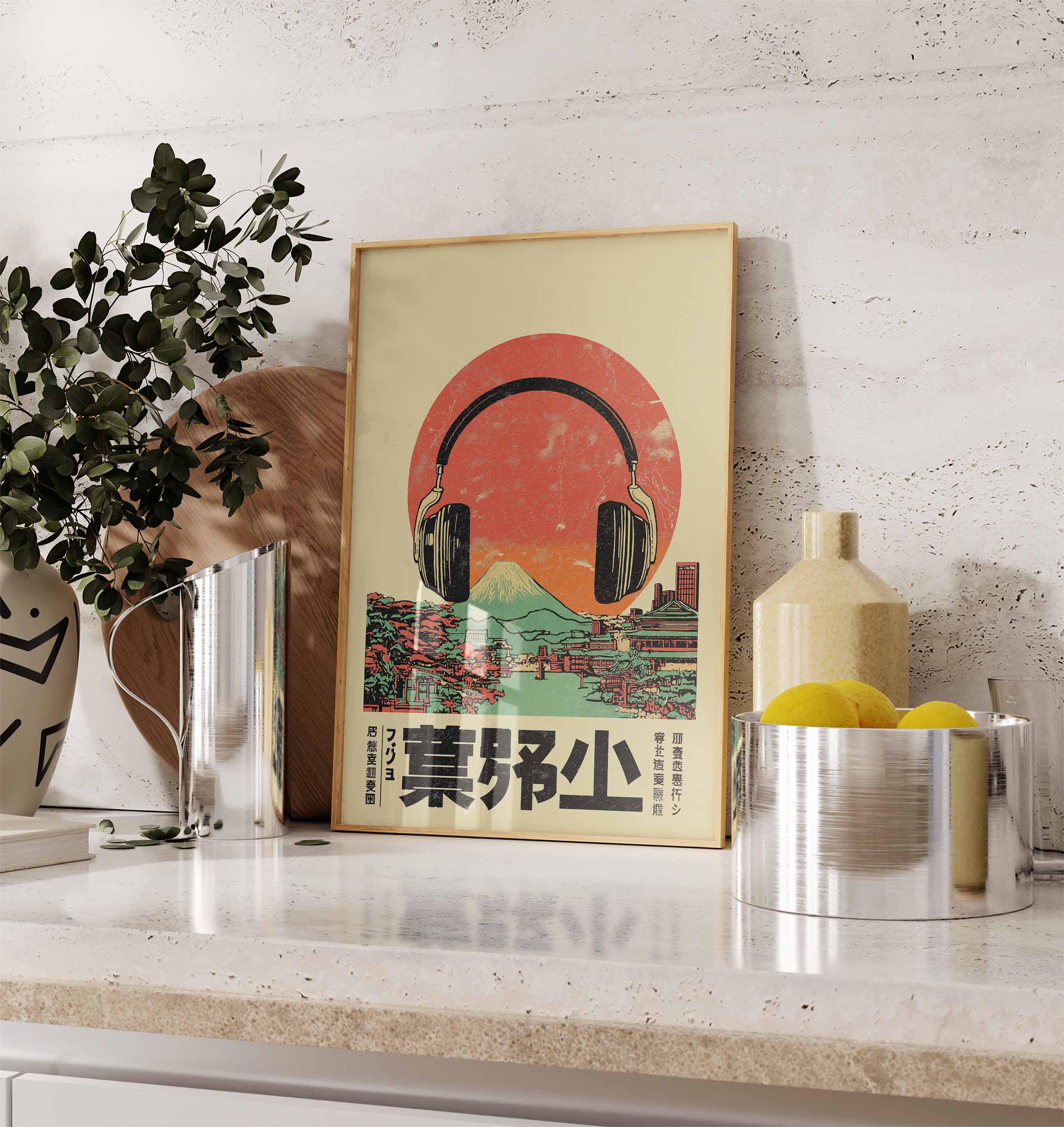 アート・デザイン・音楽 Fuji-1 Retro Japanese Music Art Print, Headphones Mount Fuji Poster