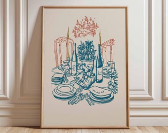Impression d'art mural de salle à manger Dessin au trait Décoration de cuisine Affiche de table à vin Croquis minimaliste Oeuvre d'art Impression de nourriture et de boissons sans cadre
