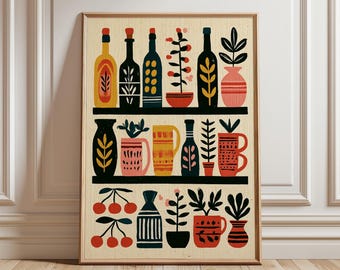 Mediterranean Kitchen Shelf Poster, Folk Still Life Wall Art Print