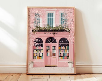 Pink Bookshop Poster Print, Cute Bookstore Wall Art, Spring Cherry Blossom Illustration, Cozy Reading Room Decor, Digital Art Print