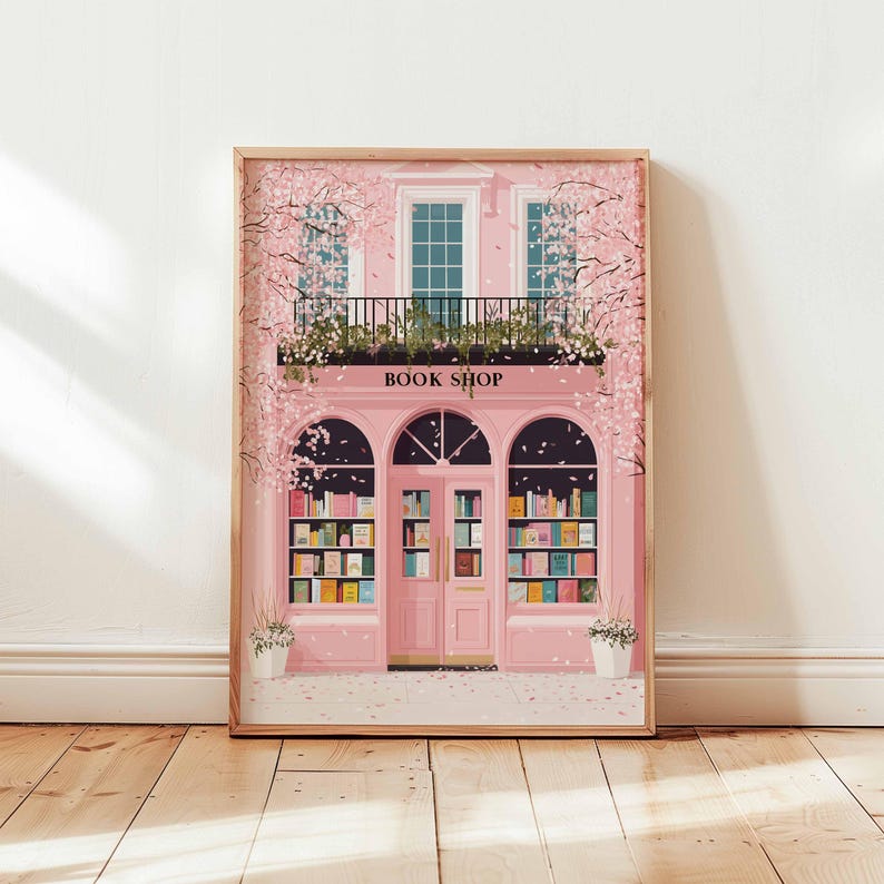 Pink Bookshop Poster Print, Cute Bookstore Wall Art, Spring Cherry ...