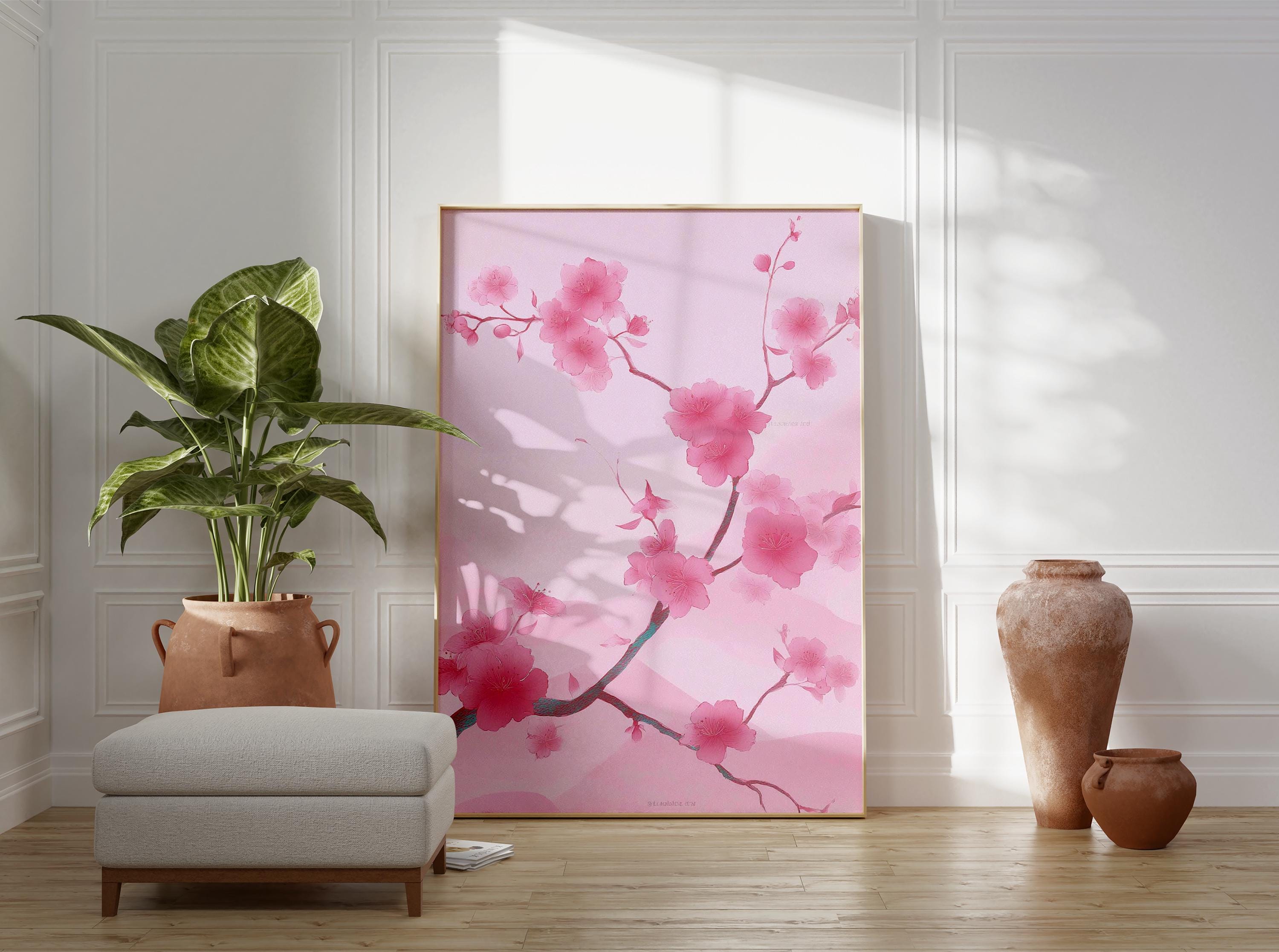 Pink Cherry Blossom Wall Art Poster Japanese Floral Illustration Sakura ...