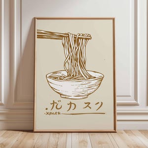 Japanese Ramen Noodles Poster – Minimalist Asian Food Print, Retro Kitchen Wall Art, Chopsticks and Bowl Illustration, Noodle Bar Decor