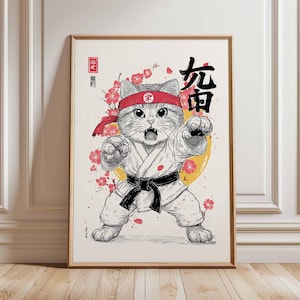 Karate Katze Poster, Lustige Martial Arts Wandkunst, Japanischer Stil Druck