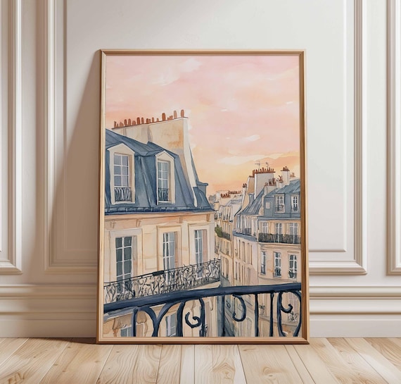 Paris Rooftop Sunset Poster, Romantic French Balcony Wall Art, Haussmann Architecture Print, Parisian View Decor, Cityscape Illustration