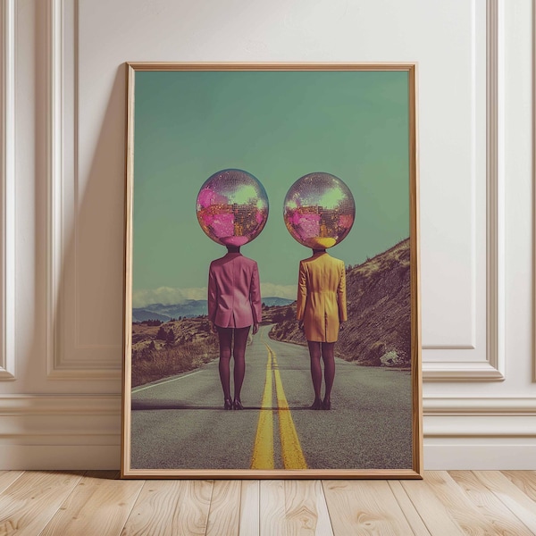 Surreal Disco Ball Head Poster, Retro Funk Wall Art Print, Colorful 80s Road Artwork, Funky Modern Pop Art Decor, Unique Music Lover Gift
