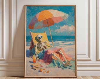 Funny Skeleton Beach Poster, Quirky Coastal Wall Art, Skeleton Sunbathing Print, Colorful Humorous Artwork, Unframed Oil Style Decor