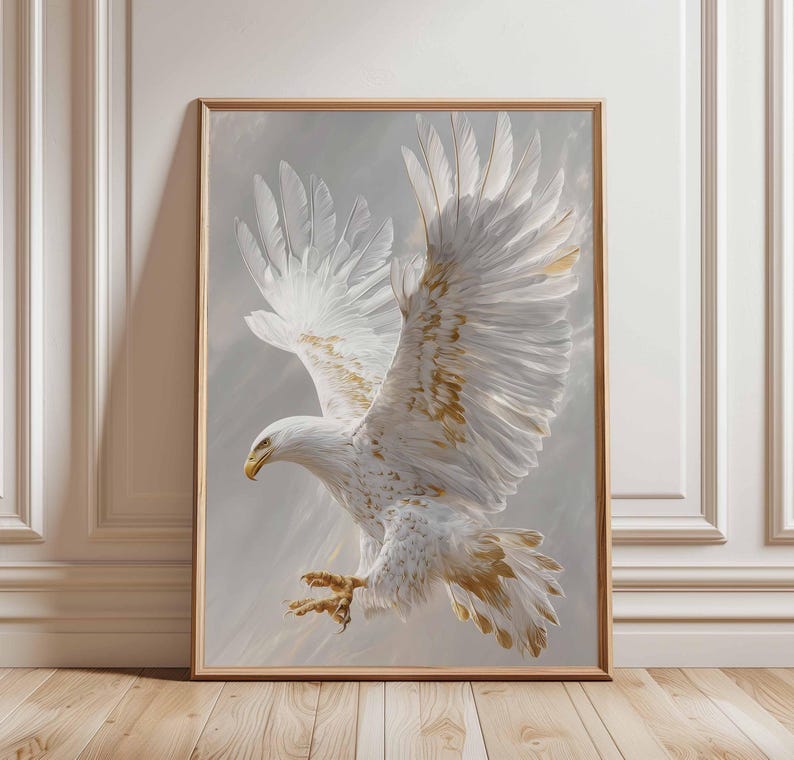 Vit örn-poster, svävande majestätisk fågelväggkonst, elegant vithövdad örn i flykt-tryck, grå neutral djurdekor, kunglig djurlivskonst bild 1