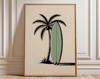 Poster med palmträd och surfbräda, väggkonst med tropisk strand, minimalistisk kusttryck, retro surfdekor för sommarvibbar