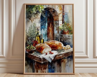 Tuscan Bread And Olives Poster, rustic Italian kitchen wall art print watercolor style