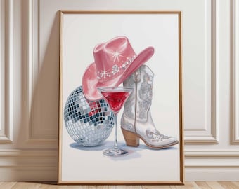 Yeehaw Cowgirl Poster Print, Disco Western Wall Art, Pink Hat and Boot Decor, Glam Cocktail Art, Fun Country Girl Room Print