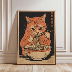 Ginger Cat Ramen Poster, Japanese Food Art, Cute Noodle Cat Print, Cat Eating Ramen, Asian Wall Art, Fun Kitchen Decor, Ramen Bowl Poster