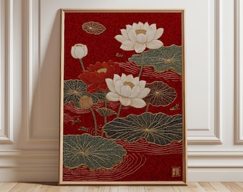 May include: Framed artwork featuring a detailed illustration of white and red lotus flowers, buds, and lily pads against a textured red background. The artwork includes gold accents and is presented in a wooden frame. The overall theme is floral and botanical.
